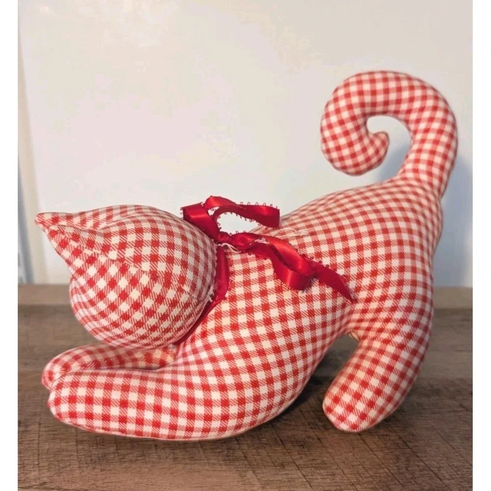 Vintage‎ Handmade Gingham Red White Cat Shelf Sitter Country Cottage Core Sturdy